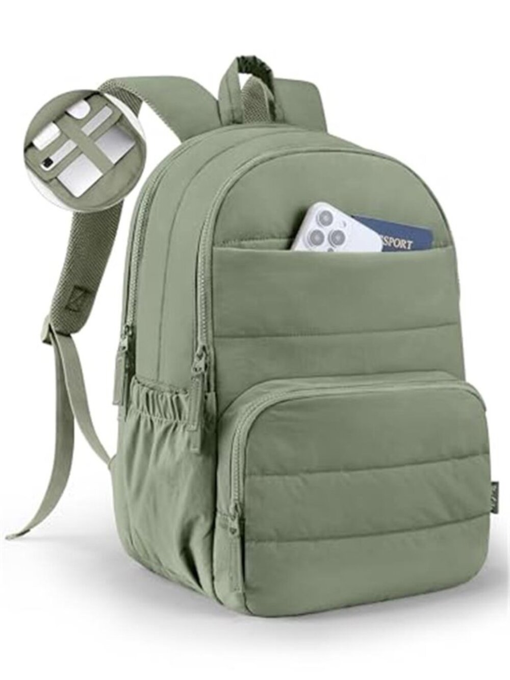 Quilted Laptop Backpack Women 15.6 Inch Sage Green College Work Travel Bag 18L